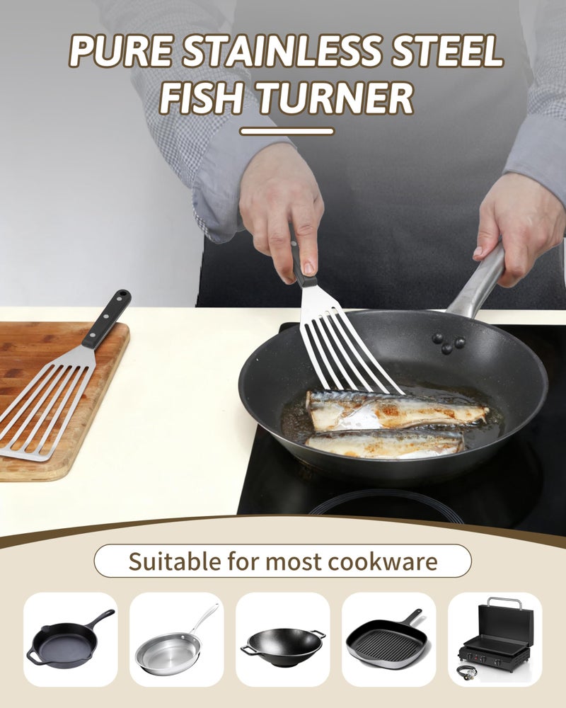 HaSteeL 2 Pack Fish Spatula Turner, 12.5" & 11" Stainless Steel Slotted Spatula Set for Kitchen Cooking, Flipping, Turning, Frying & Grilling, Full Tang ABS Handle, Dishwasher Safe - Image 5